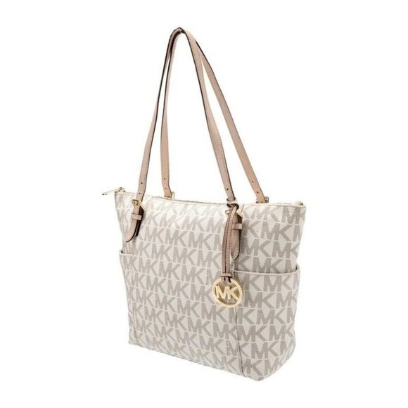 Michael Kors Jet Set Large Logo Tote Bag Beige/Brown Leather Trim Womens Handbag - Picture 2 of 5